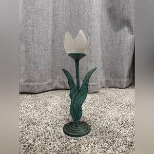 Vintage Tulip Candleholder Single Frosted Glass Flower, Green Metal Stem